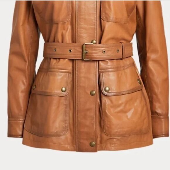 Lauren Ralph Lauren Oversize 4 Lambskin Leather Burnished Jacket NWT Cognac - Picture 7 of 10